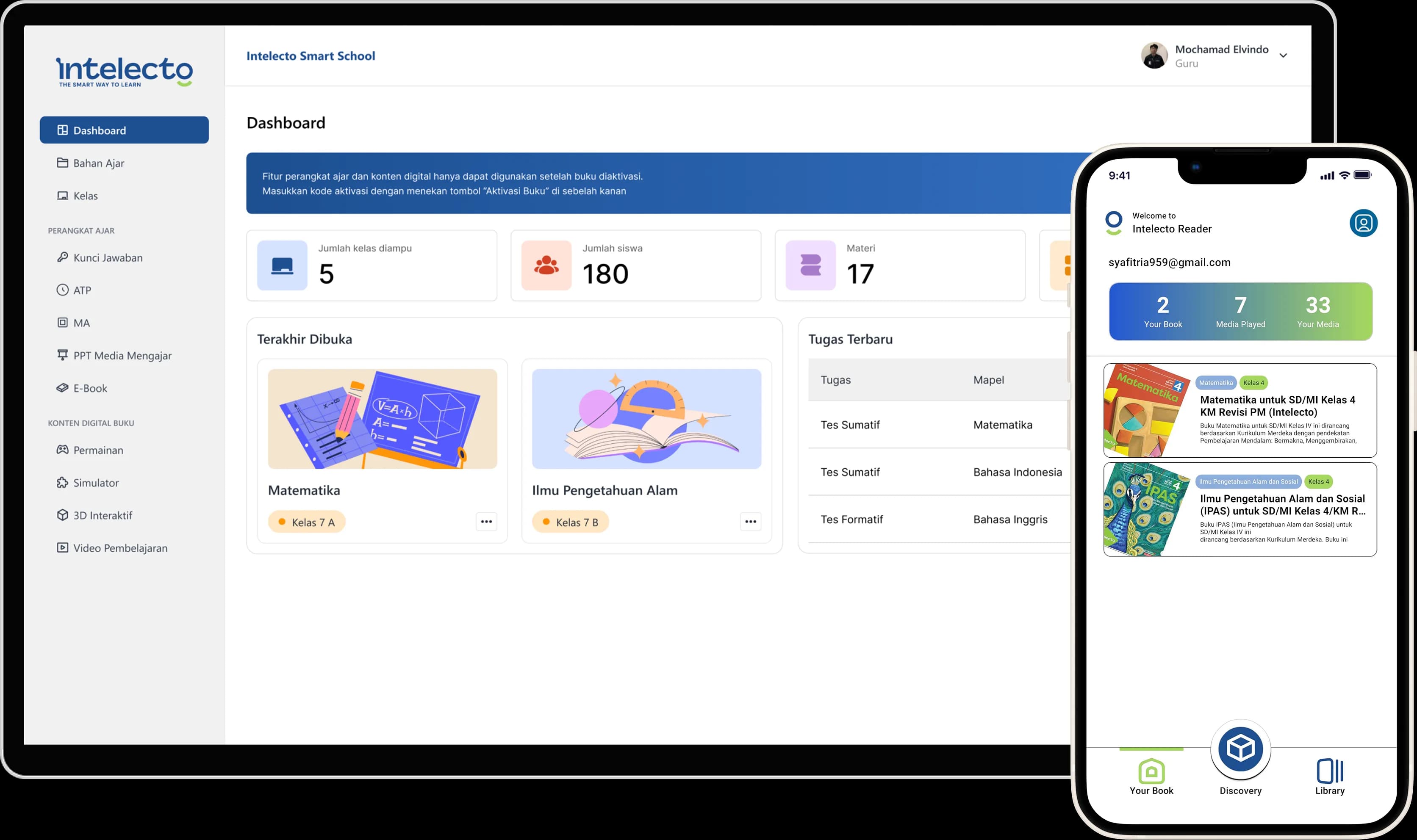 Intelecto LMS pada laptop dan Intelecto Reader pada ponsel